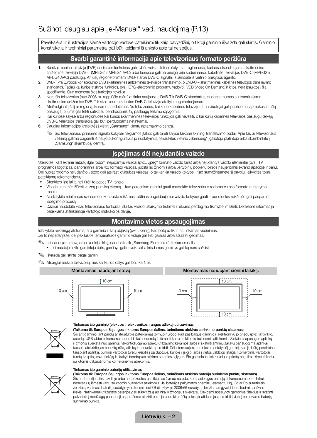 Samsung UE40D5800VWXZT, UE40D5800VWXXC, UE32D5800VWXBT manual Įspėjimas dėl nejudančio vaizdo, Montavimo vietos apsaugojimas 