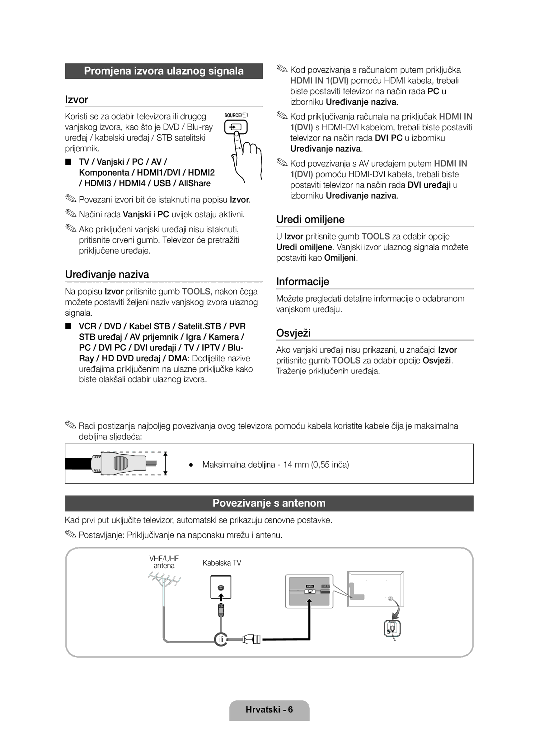 Samsung UE32D6000TWXXH, UE40D6000TWXXH, UE46D6000TWXXH manual Promjena izvora ulaznog signala, Povezivanje s antenom 