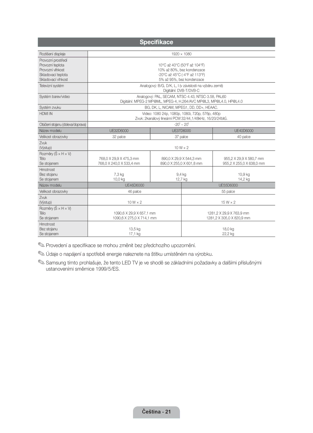 Samsung UE32D6000TWXXH, UE40D6000TWXXH, UE46D6000TWXXH, UE55D6000TWXXH, UE37D6000TWXXH manual Specifikace 