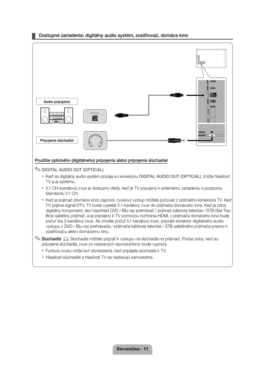 Samsung UE32D6000TWXXH, UE40D6000TWXXH, UE46D6000TWXXH, UE55D6000TWXXH manual Audio pripojenie, Pripojenie slúchadiel 