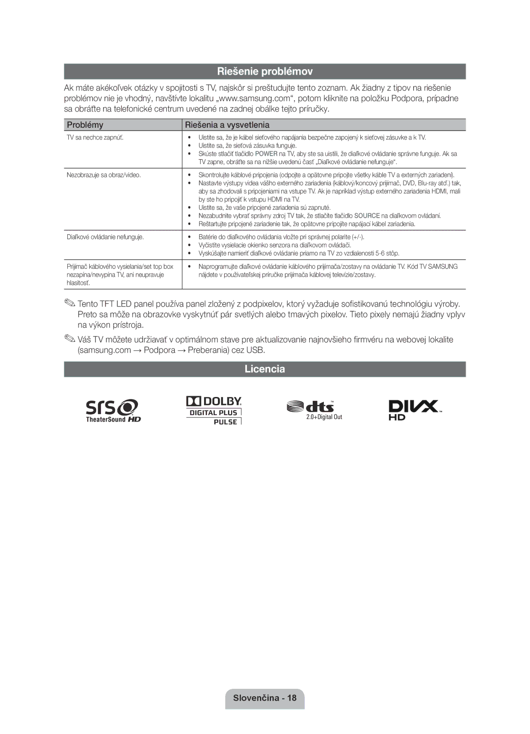 Samsung UE40D6000TWXXH, UE46D6000TWXXH, UE55D6000TWXXH manual Riešenie problémov, Licencia, Problémy Riešenia a vysvetlenia 