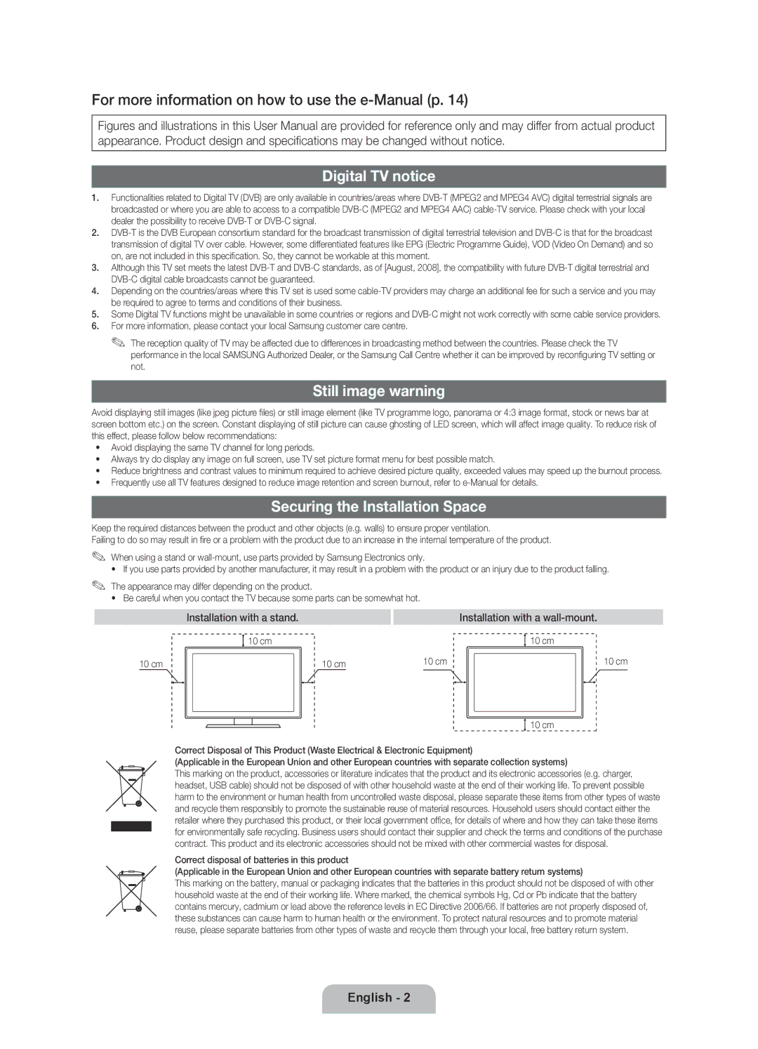 Samsung UE55D6000TWXXH manual For more information on how to use the e-Manual p, Digital TV notice, Still image warning 