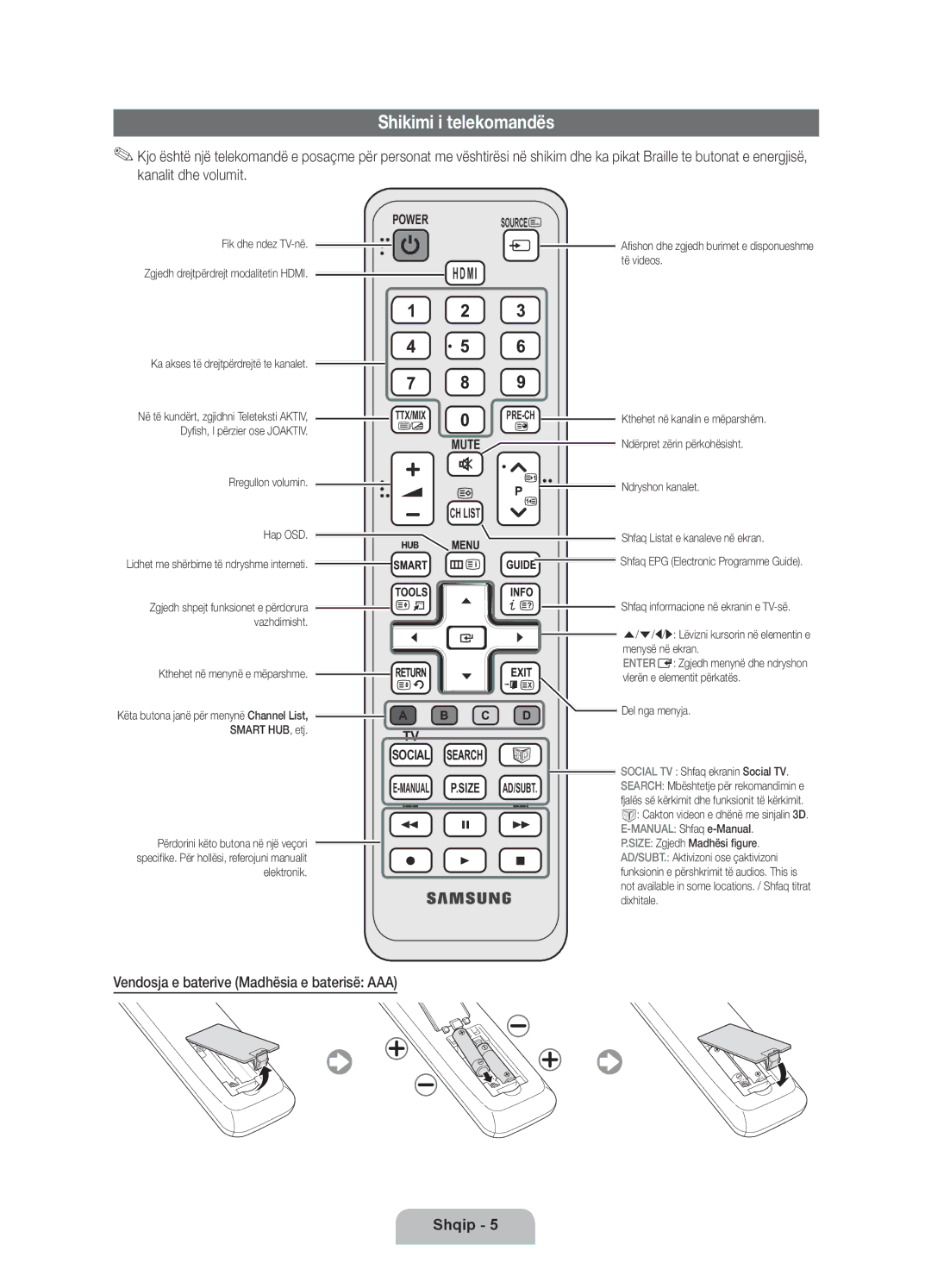 Samsung UE55D6000TWXXH, UE40D6000TWXXH, UE46D6000TWXXH Shikimi i telekomandës, Vendosja e baterive Madhësia e baterisë AAA 