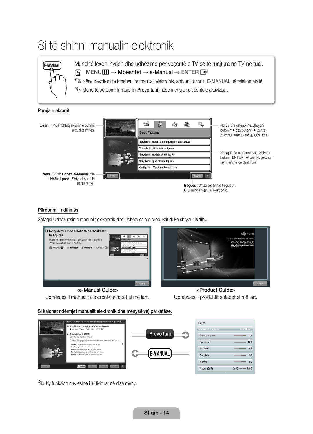 Samsung UE46D6000TWXXH manual Menu m→ Mbështet → e-Manual → Enter E, Product Guide Udhëzuesi i produktit shfaqet si më lart 