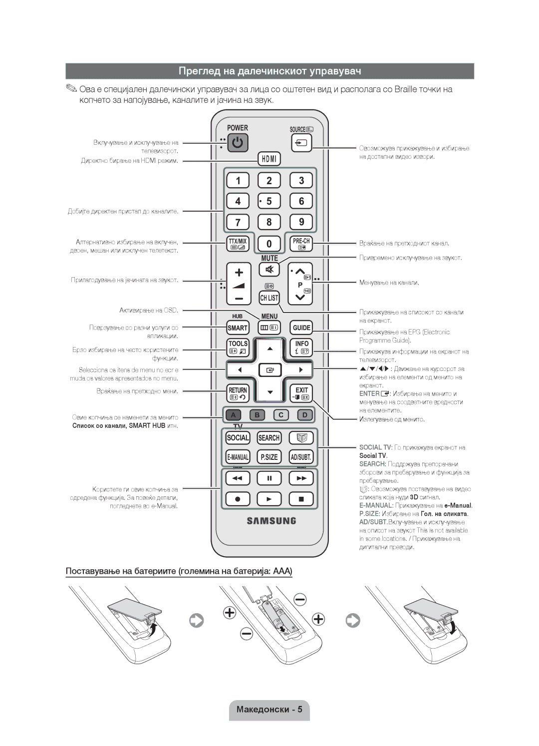 Samsung UE55D6000TWXXH manual Преглед на далечинскиот управувач, Поставување на батериите големина на батерија AAA 