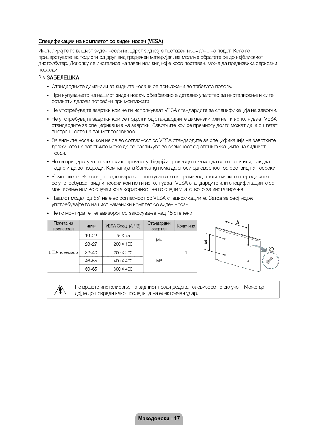 Samsung UE37D6000TWXXH, UE40D6000TWXXH, UE46D6000TWXXH manual Палета на Инчи, Стандардни, Vesa Спец. a * B, Количина 