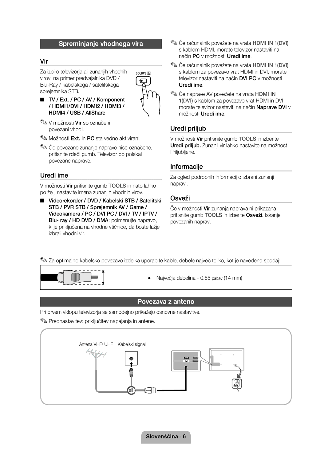 Samsung UE32D6000TWXXH, UE40D6000TWXXH manual Spreminjanje vhodnega vira, Vir, Uredi ime, Uredi priljub, Povezava z anteno 