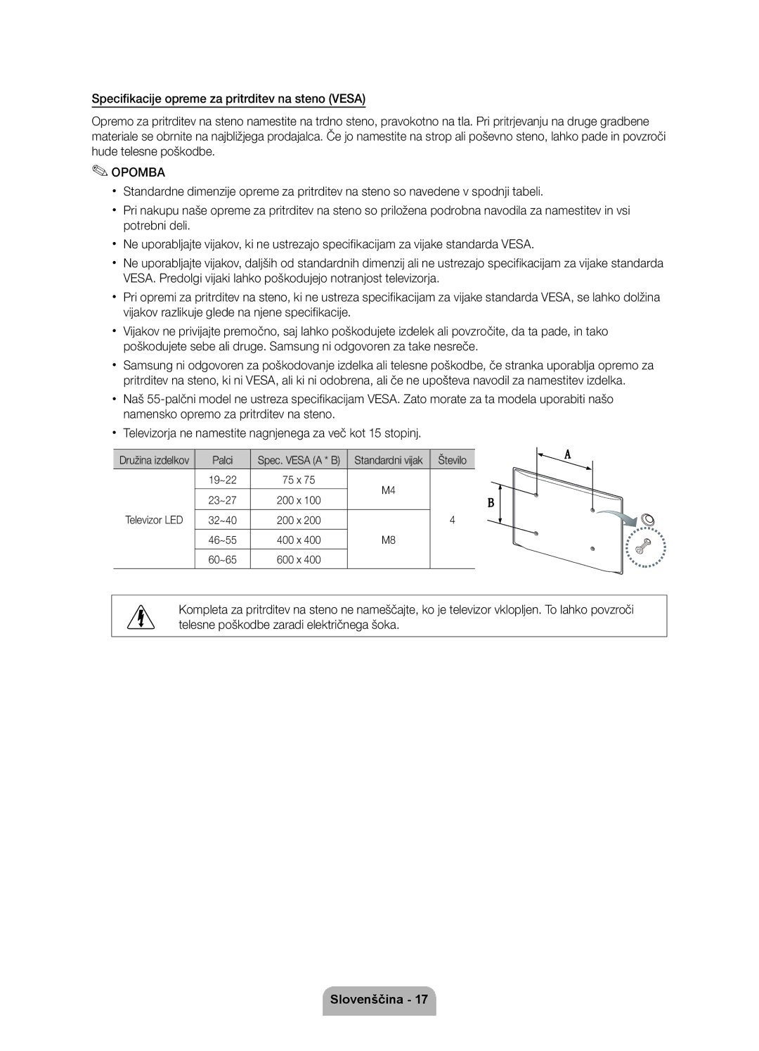 Samsung UE37D6000TWXXH, UE40D6000TWXXH, UE46D6000TWXXH Palci, Število, Družina izdelkov, Spec. Vesa a * B Standardni vijak 