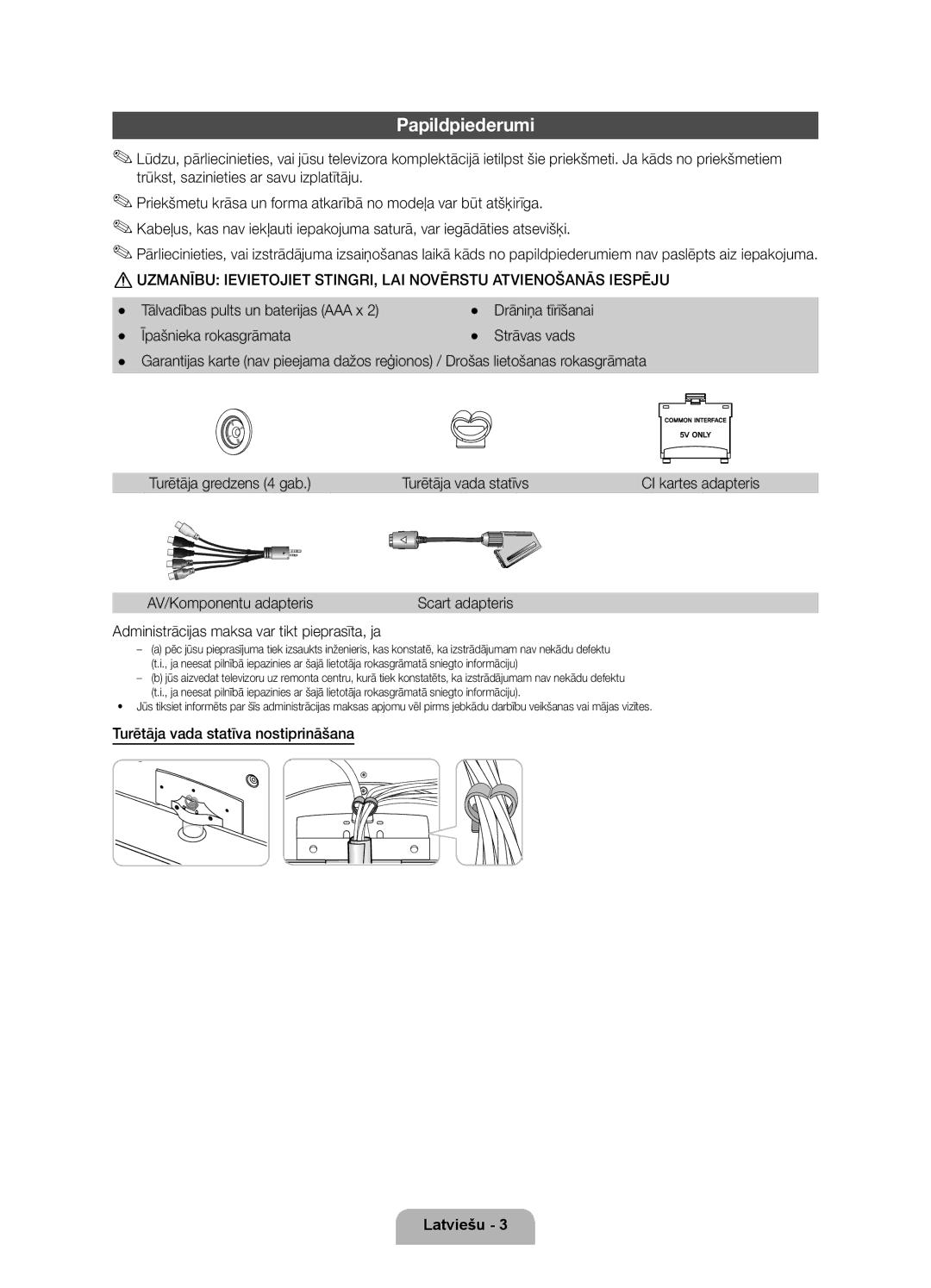 Samsung UE40D6000TWXXH manual Papildpiederumi, AV/Komponentu adapteris, Administrācijas maksa var tikt pieprasīta, ja 