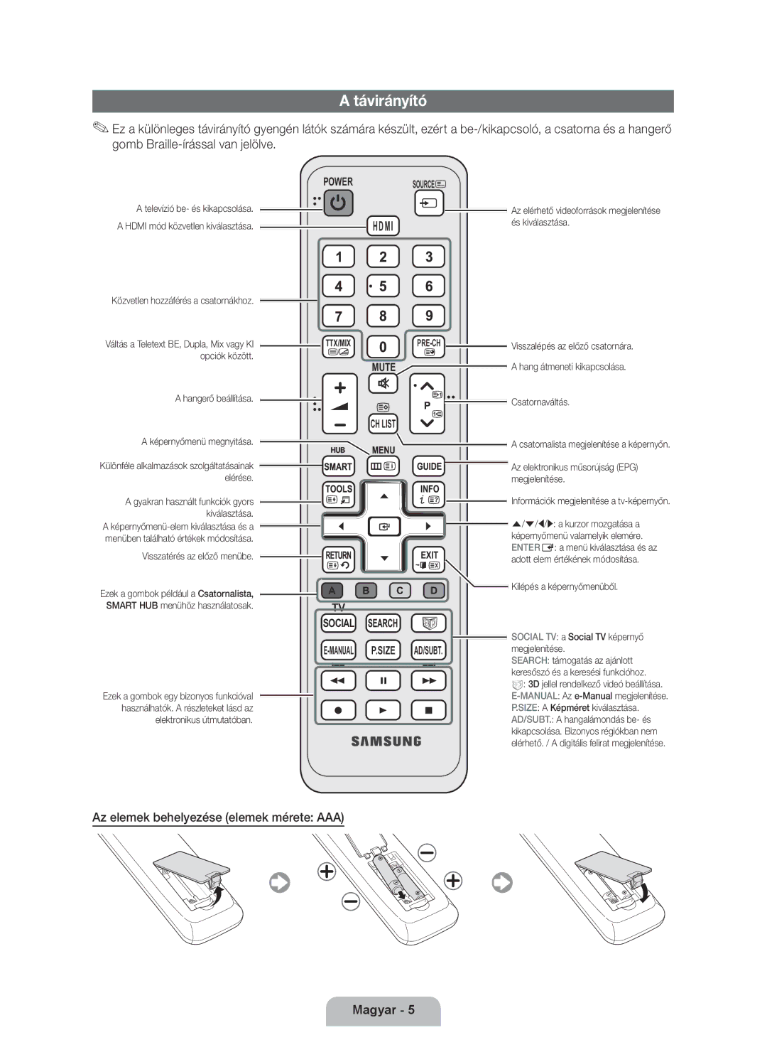 Samsung UE55D6000TWXXH, UE40D6000TWXXH, UE46D6000TWXXH, UE32D6000TWXXH Távirányító, Az elemek behelyezése elemek mérete AAA 