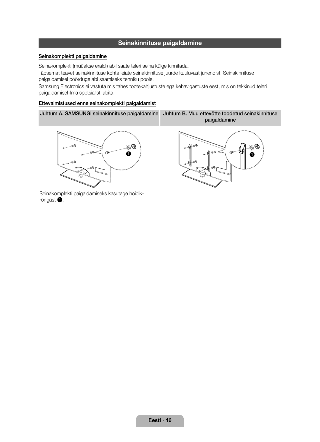 Samsung UE32D6000TWXXH, UE40D6000TWXXH manual Seinakinnituse paigaldamine, Juhtum A. SAMSUNGi seinakinnituse paigaldamine 