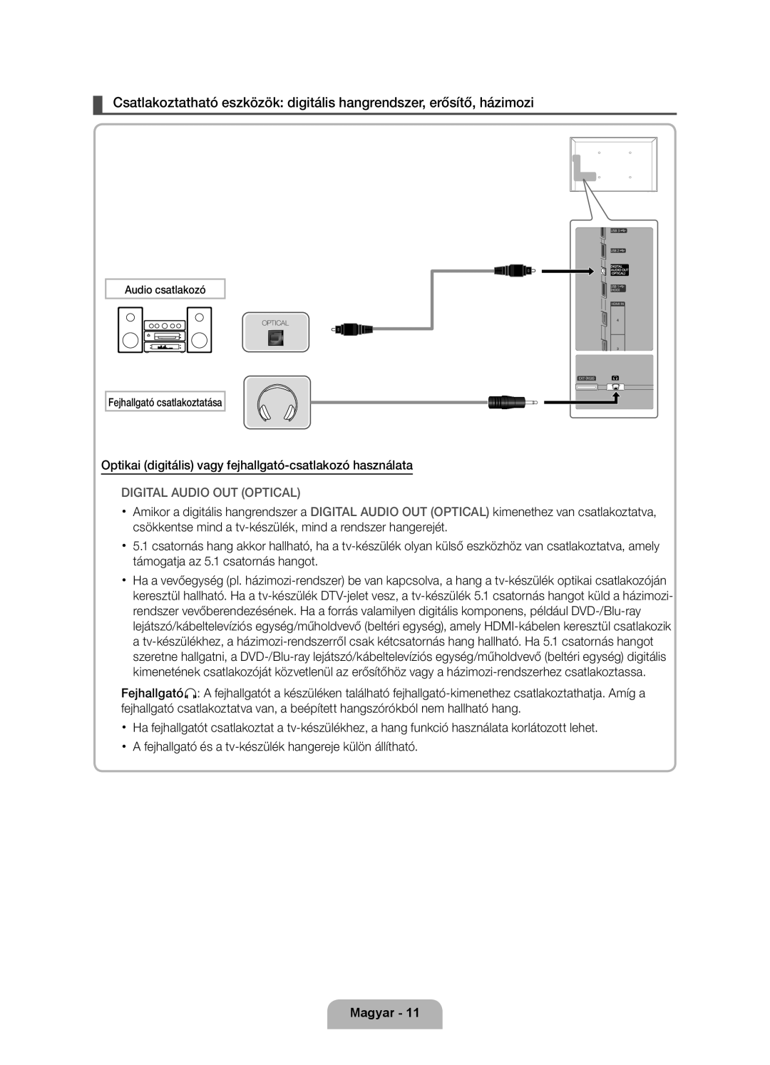 Samsung UE32D6000TWXXH, UE40D6000TWXXH manual Optikai digitális vagy fejhallgató-csatlakozó használata, Audio csatlakozó 