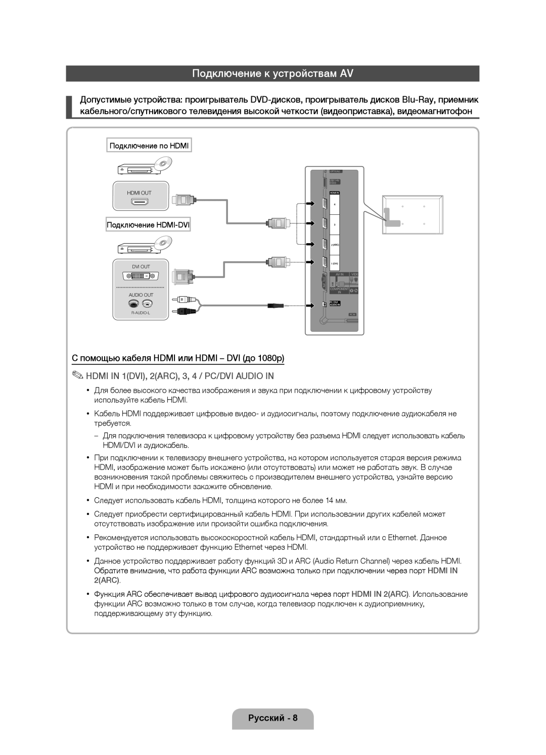 Samsung UE40D6000TWXXH manual Подключение к устройствам AV, Помощью кабеля Hdmi или Hdmi DVI до 1080p, Подключение HDMI-DVI 