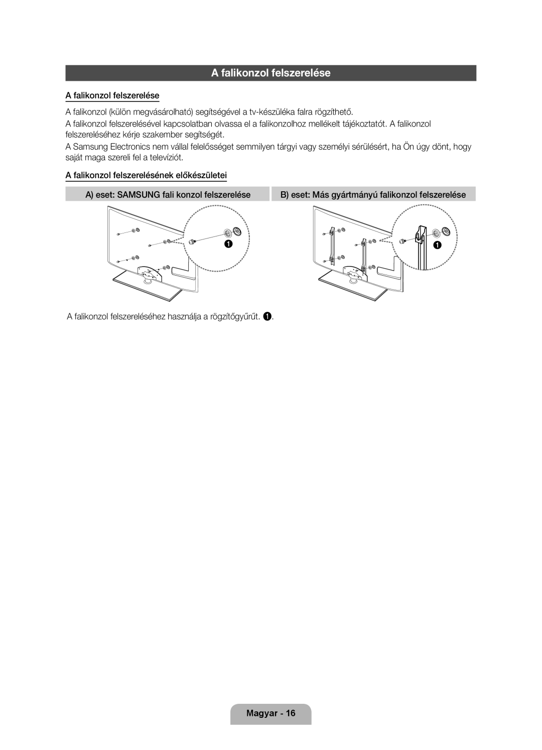 Samsung UE32D6000TWXXH, UE40D6000TWXXH, UE46D6000TWXXH, UE55D6000TWXXH, UE37D6000TWXXH manual Falikonzol felszerelése 