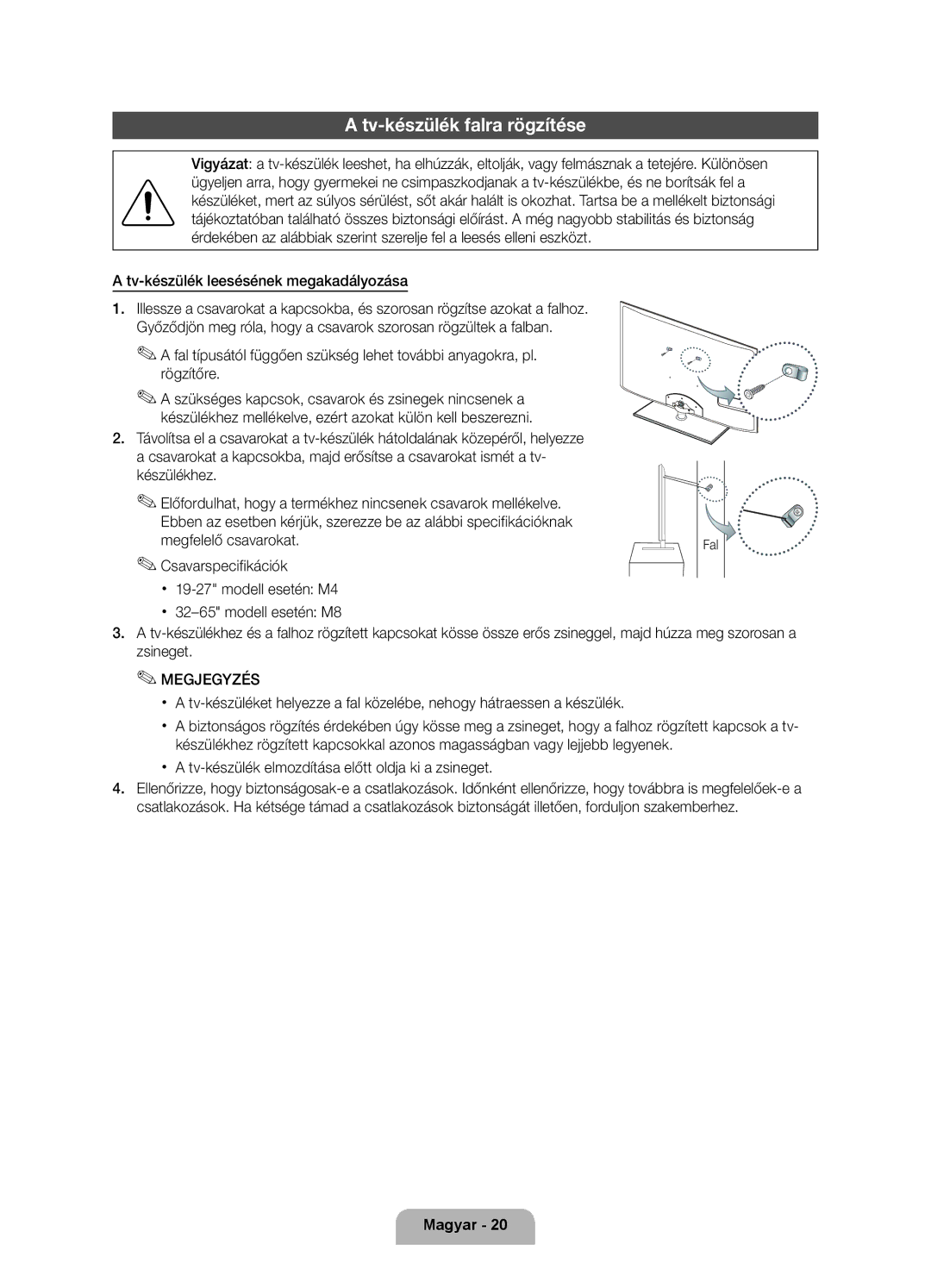 Samsung UE55D6000TWXXH, UE40D6000TWXXH manual Tv-készülék falra rögzítése, Tv-készülék leesésének megakadályozása, Fal 