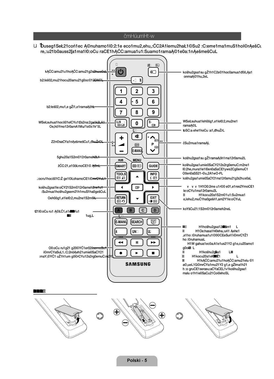 Samsung UE55D6000TWXXH, UE40D6000TWXXH, UE46D6000TWXXH, UE32D6000TWXXH manual Opis pilota, Wkładanie baterii rozmiar AAA 