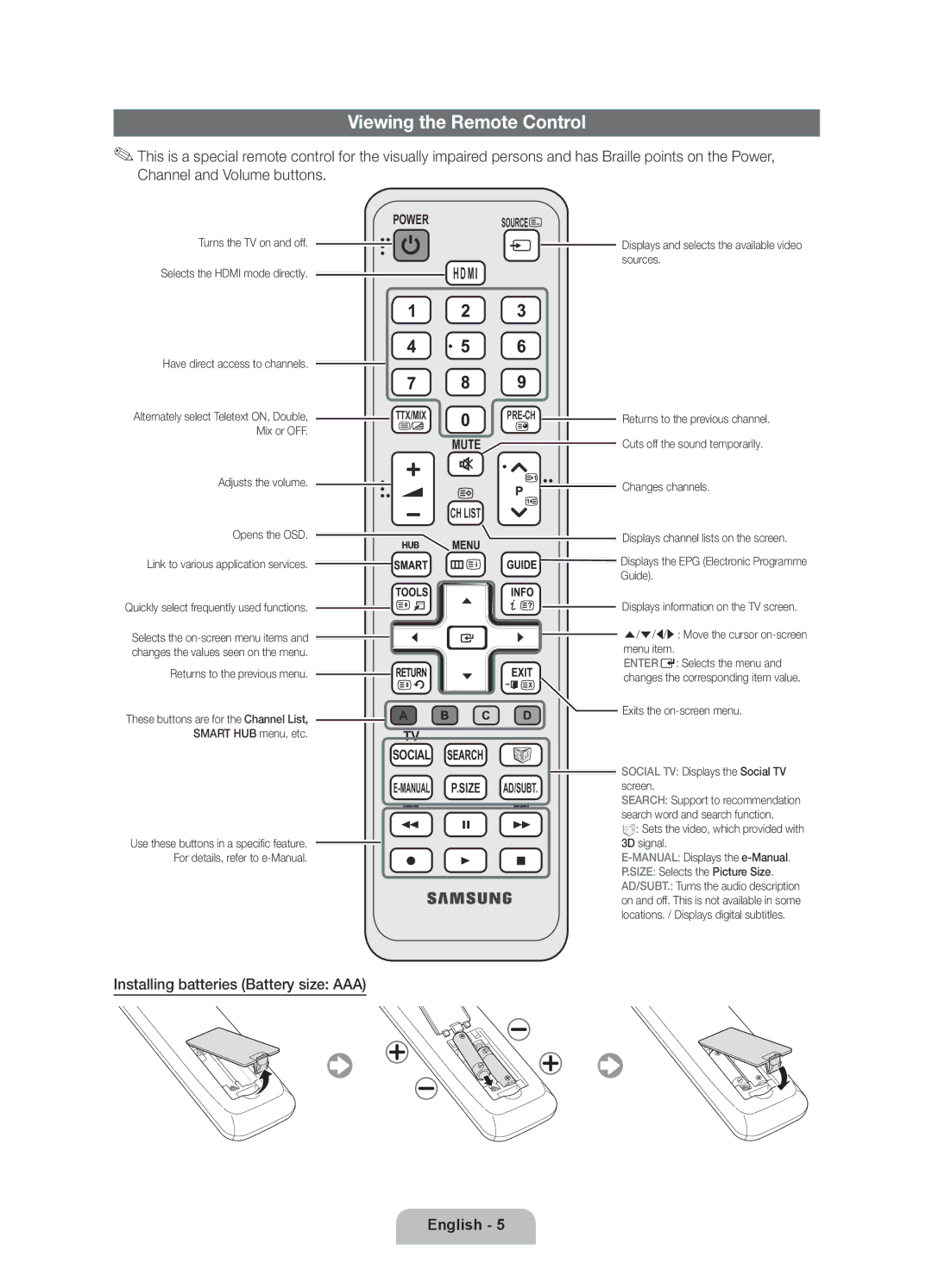 Samsung UE40D6000TWXXH, UE46D6000TWXXH, UE55D6000TWXXH Viewing the Remote Control, Installing batteries Battery size AAA 