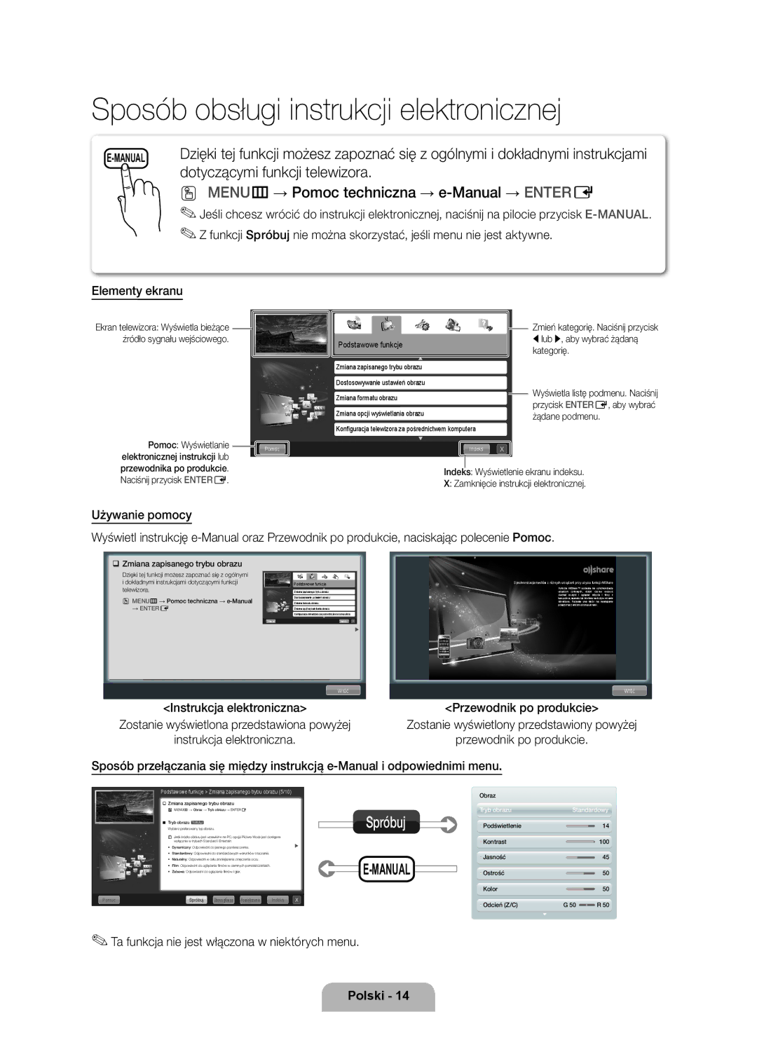 Samsung UE46D6000TWXXH manual MENUm→ Pomoc techniczna → e-Manual → Entere, Spróbuj, ‰ Zmiana zapisanego trybu obrazu 