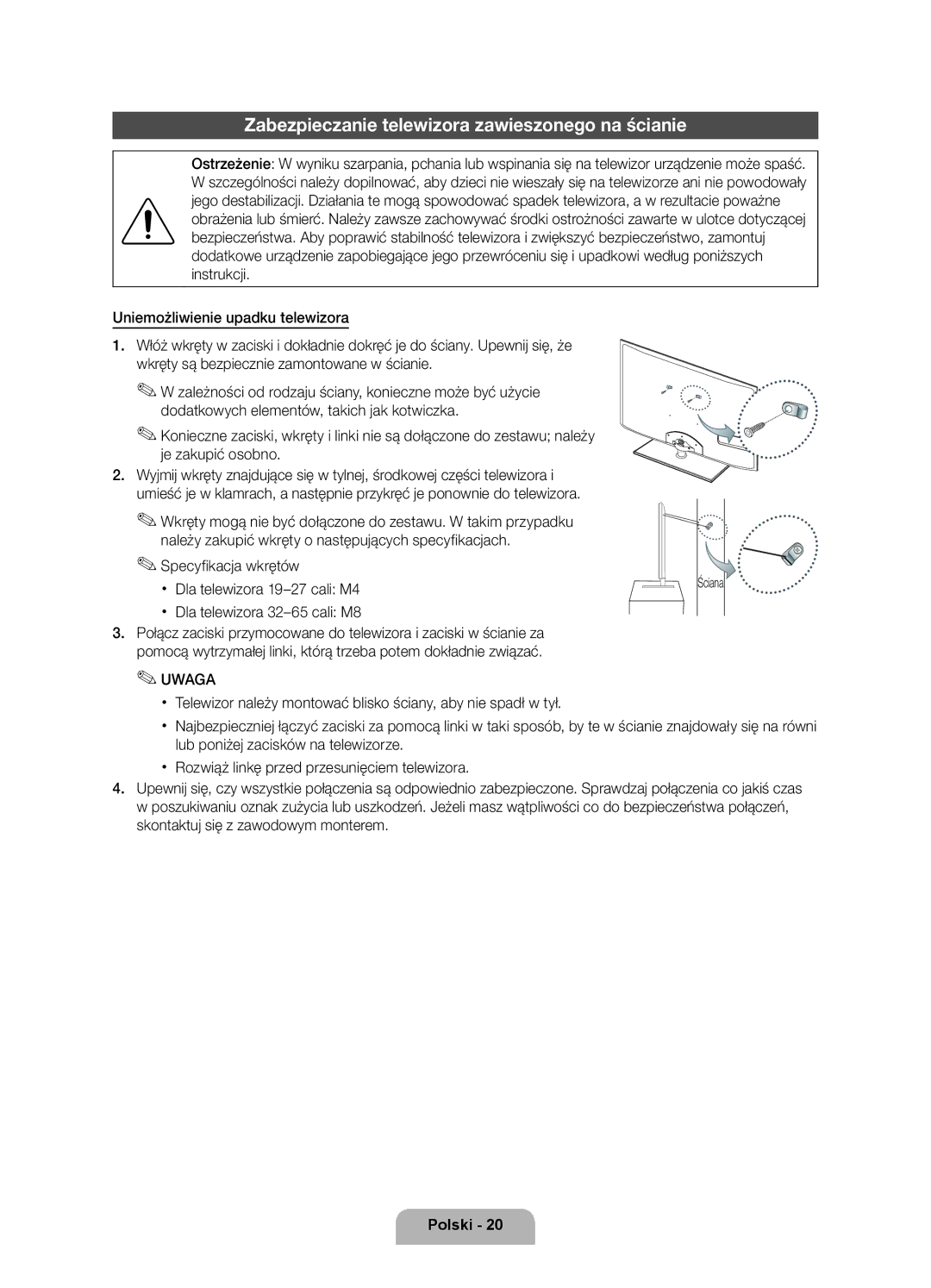 Samsung UE55D6000TWXXH manual Zabezpieczanie telewizora zawieszonego na ścianie, Dla telewizora 32-65 cali M8, Ściana 