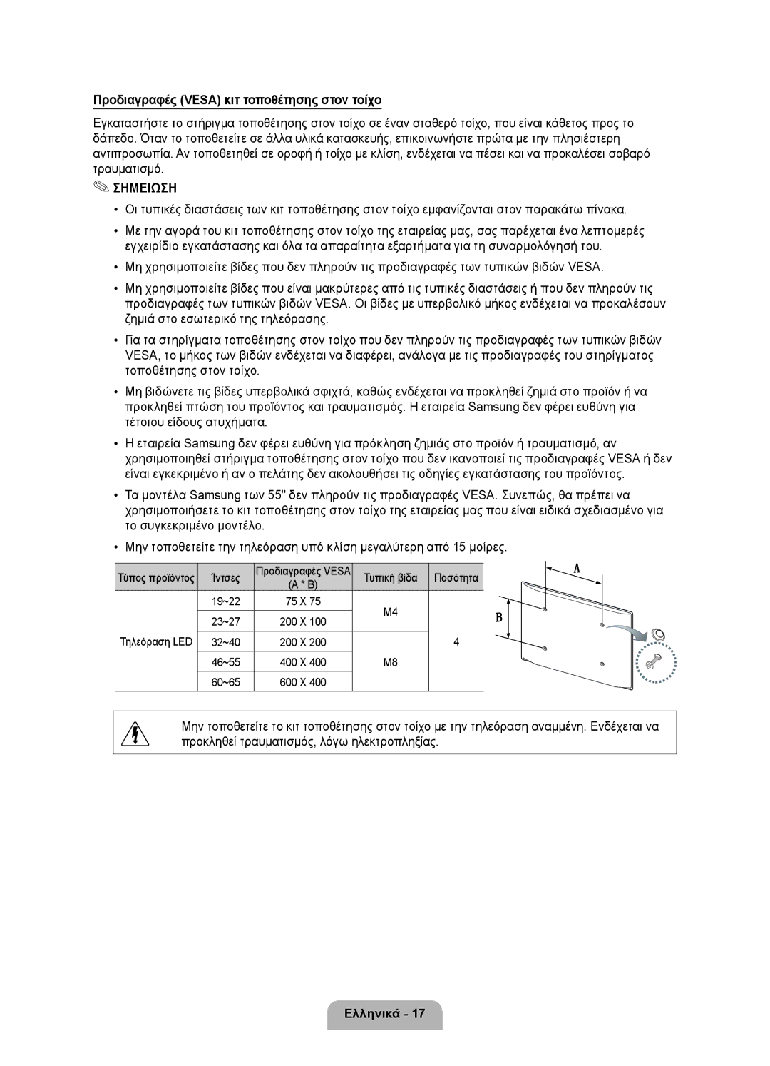 Samsung UE37D6000TWXXH manual Ίντσες, Τυπική βίδα Ποσότητα 19~22, Τύπος προϊόντος, Προδιαγραφές Vesa, 200 X Τηλεόραση LED 