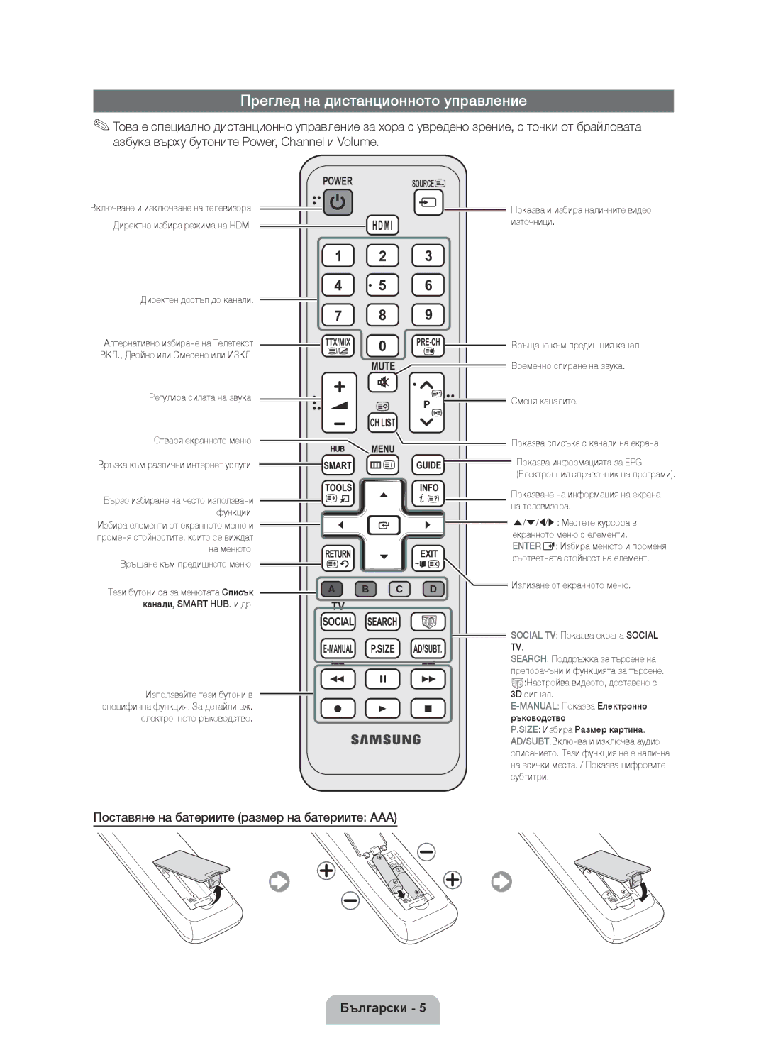 Samsung UE55D6000TWXXH manual Преглед на дистанционното управление, Поставяне на батериите размер на батериите AAA 