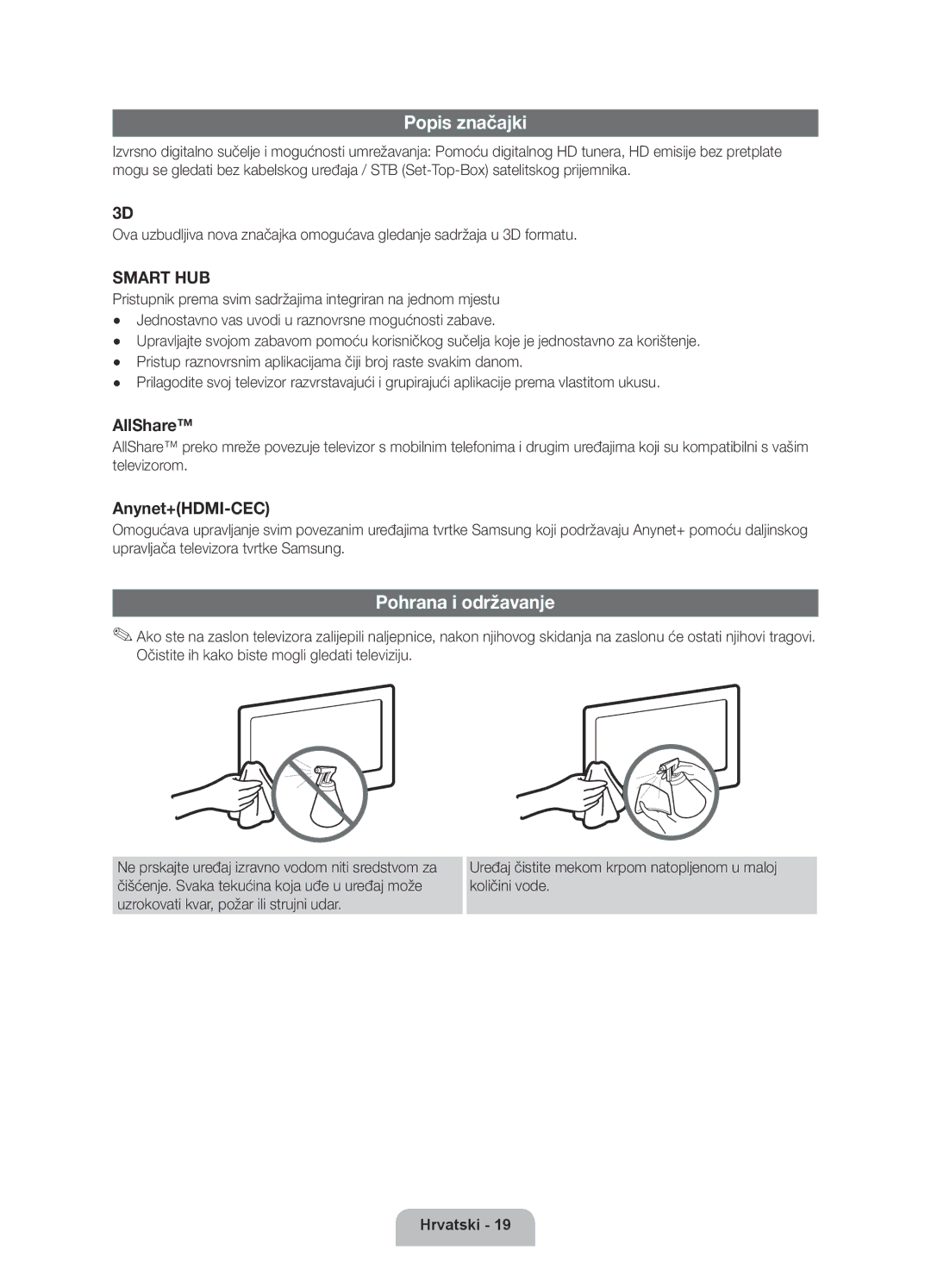 Samsung UE40D6000TWXXH manual Popis značajki, Pohrana i održavanje 