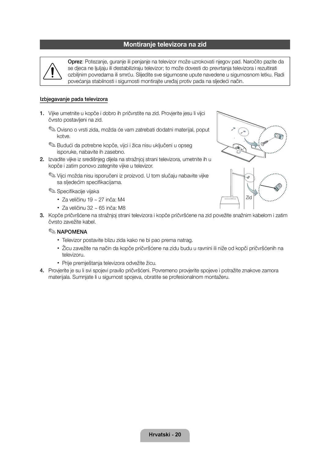 Samsung UE40D6000TWXXH manual Montiranje televizora na zid, Zid 