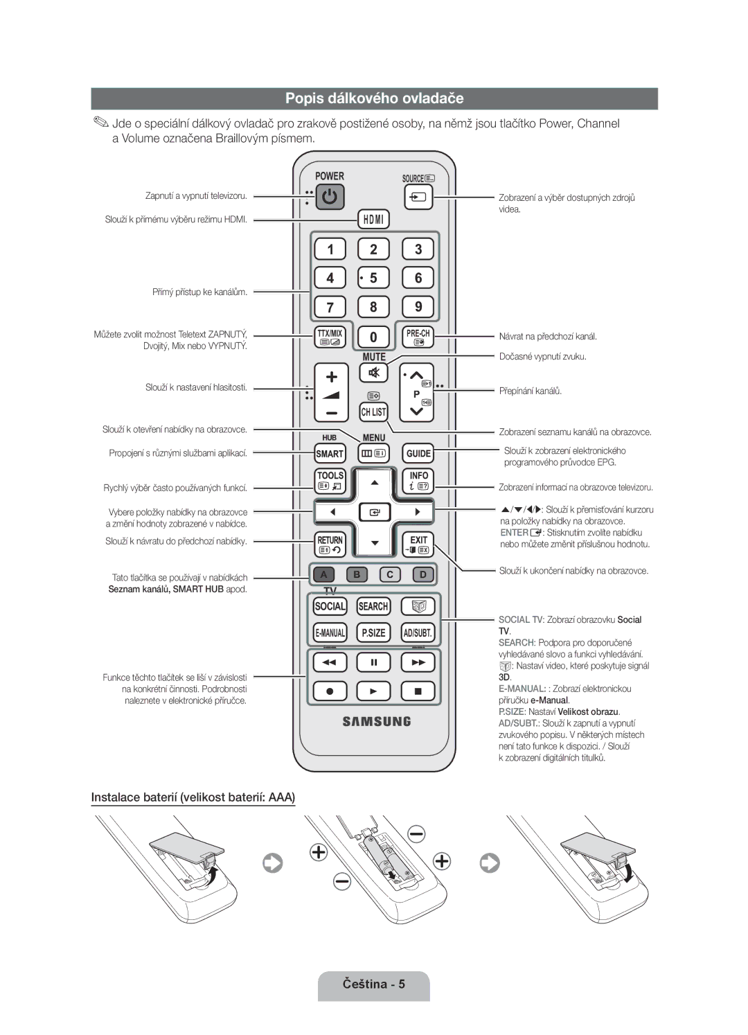 Samsung UE40D6000TWXXH manual Popis dálkového ovladače, Instalace baterií velikost baterií AAA 