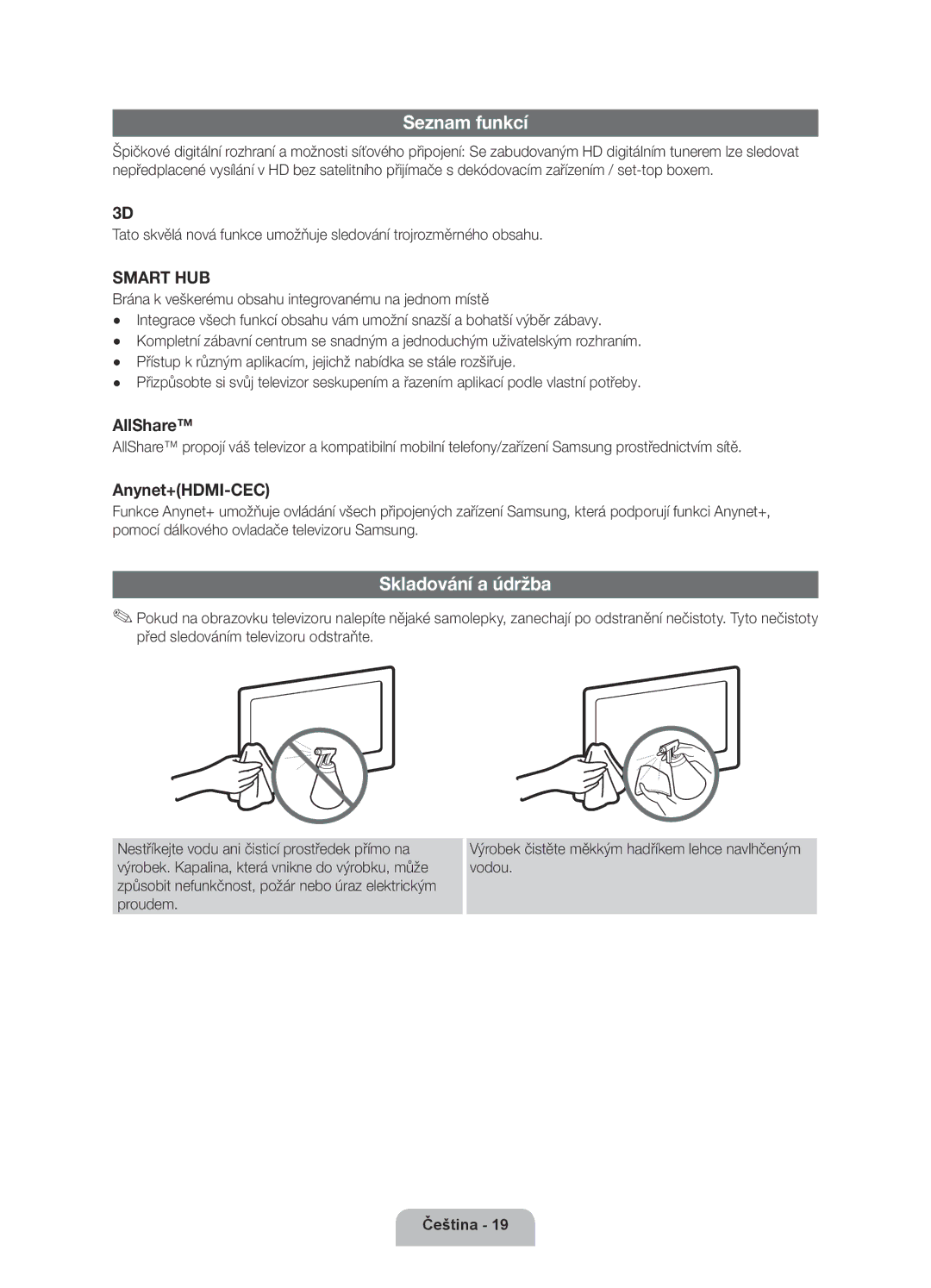 Samsung UE40D6000TWXXH manual Seznam funkcí, Skladování a údržba 