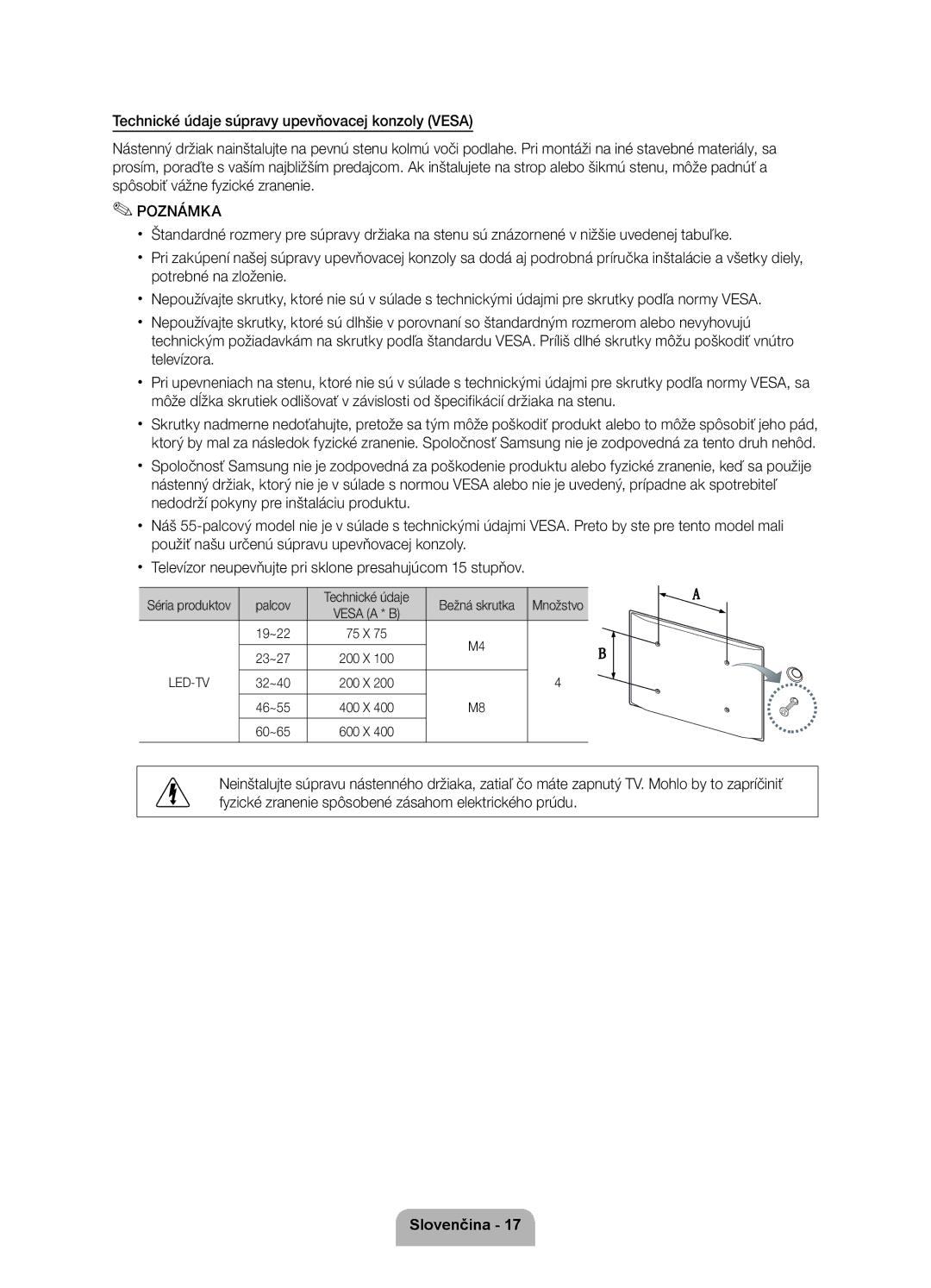 Samsung UE40D6000TWXXH manual Palcov Technické údaje Bežná skrutka, Séria produktov, Množstvo 