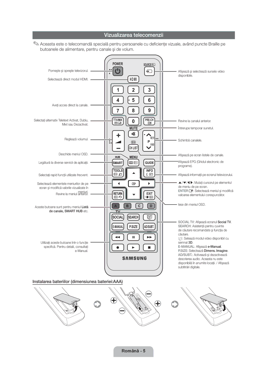 Samsung UE40D6000TWXXH manual Vizualizarea telecomenzii, Instalarea bateriilor dimensiunea baterieiAAA 