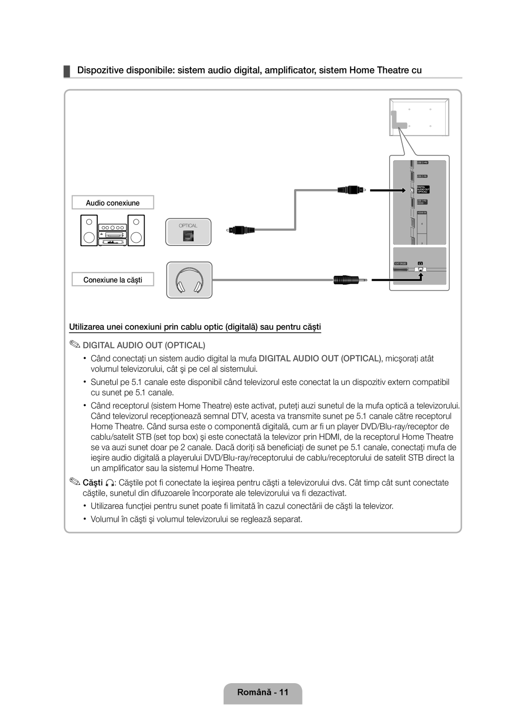 Samsung UE40D6000TWXXH manual Audio conexiune, Conexiune la căşti 