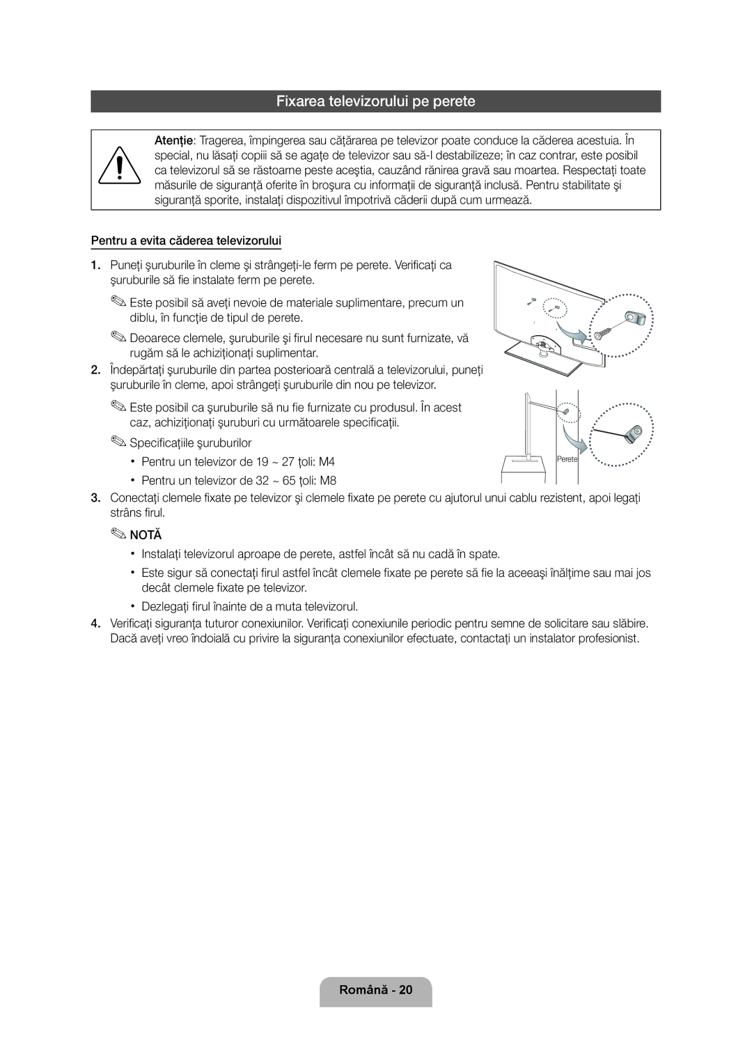 Samsung UE40D6000TWXXH manual Fixarea televizorului pe perete, Perete 