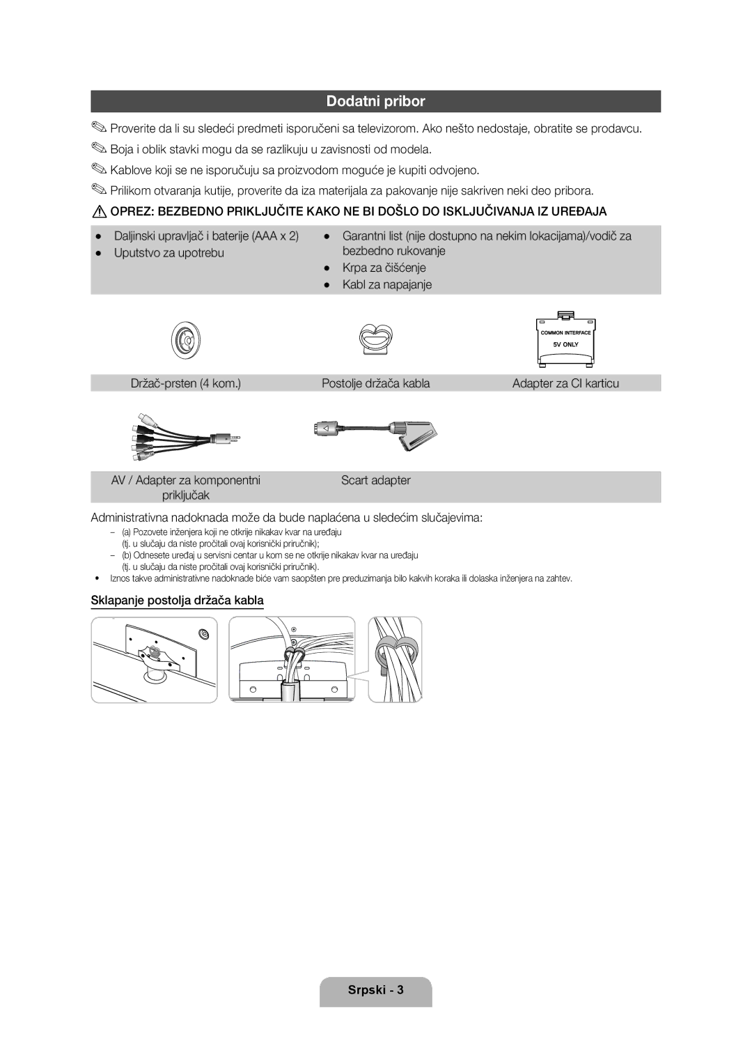 Samsung UE40D6000TWXXH manual Dodatni pribor, Sklapanje postolja držača kabla 