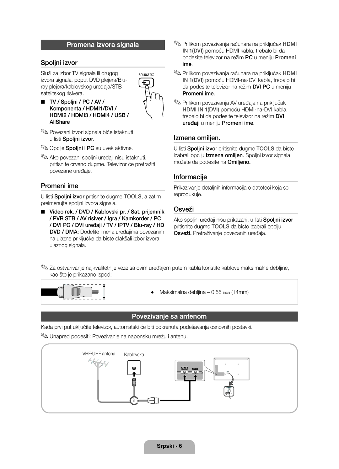 Samsung UE40D6000TWXXH manual Promena izvora signala, Povezivanje sa antenom 