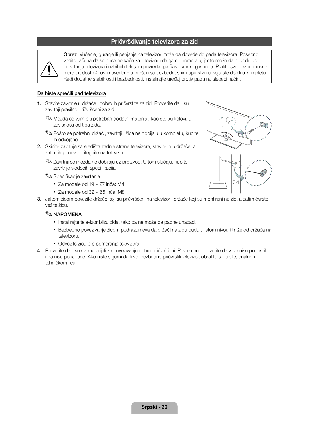 Samsung UE40D6000TWXXH manual Pričvršćivanje televizora za zid, Zid 