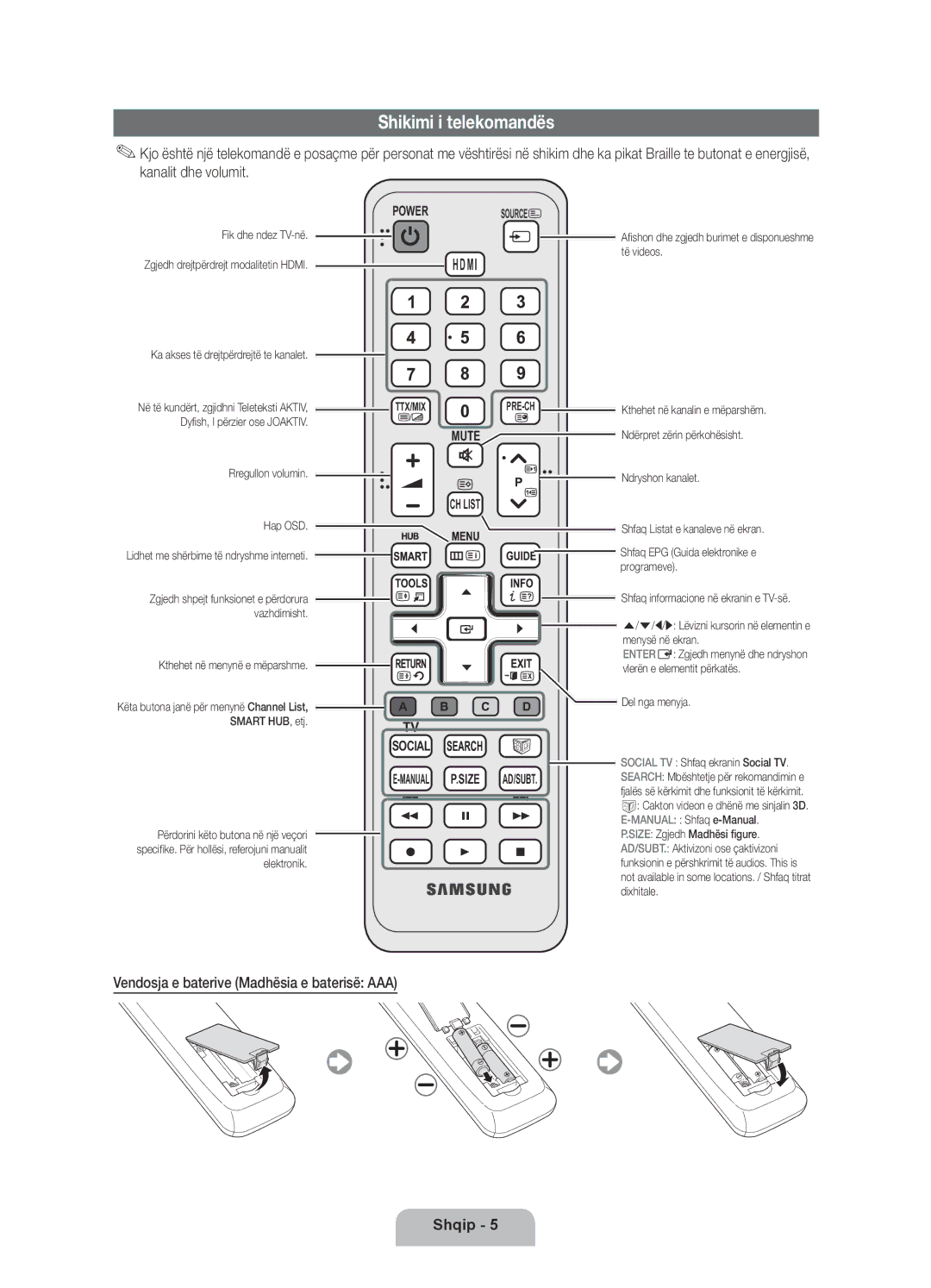 Samsung UE40D6000TWXXH manual Shikimi i telekomandës, Vendosja e baterive Madhësia e baterisë AAA 