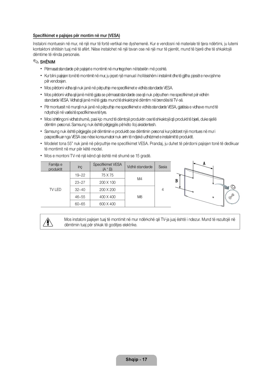 Samsung UE40D6000TWXXH manual Familja e Inç, Sasia, Specifikimet Vesa Vidhë standarde, Produktit 19~22 75 X 23~27 200 X 