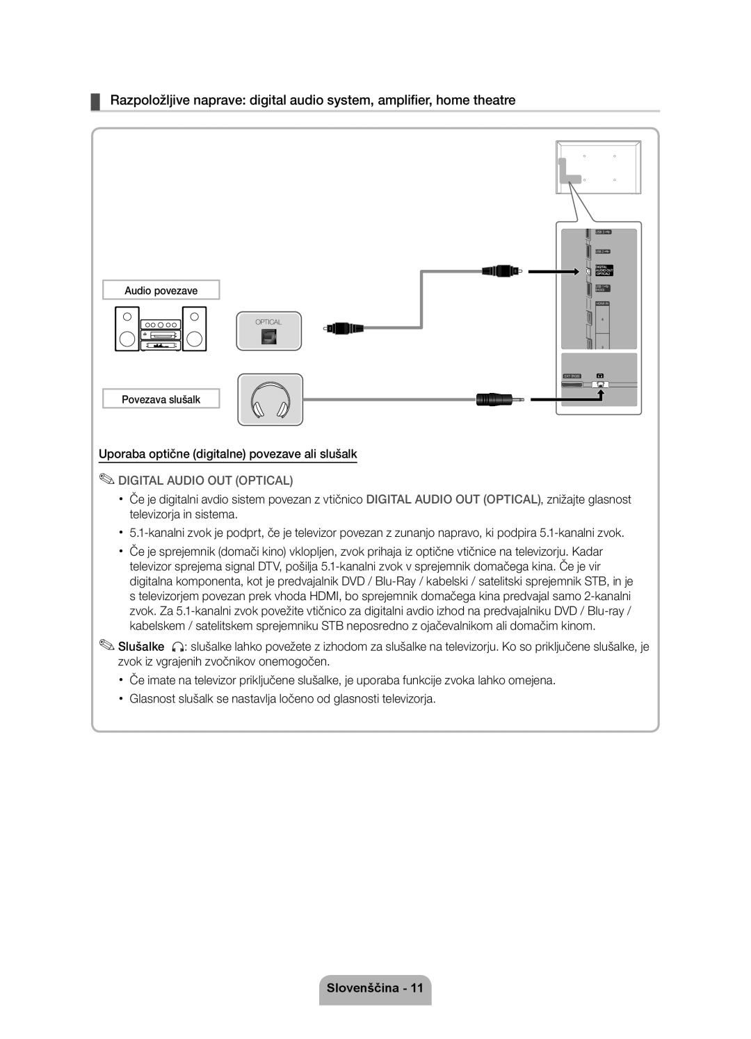 Samsung UE40D6000TWXXH manual Uporaba optične digitalne povezave ali slušalk, Audio povezave, Povezava slušalk 