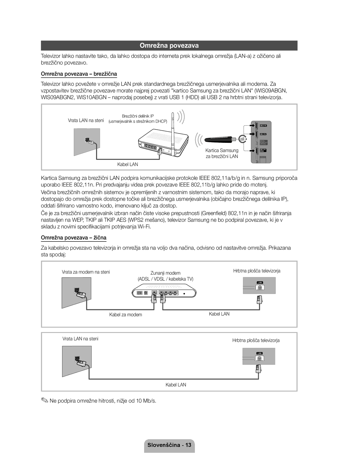 Samsung UE40D6000TWXXH manual Omrežna povezava, Ne podpira omrežne hitrosti, nižje od 10 Mb/s, Kartica Samsung 