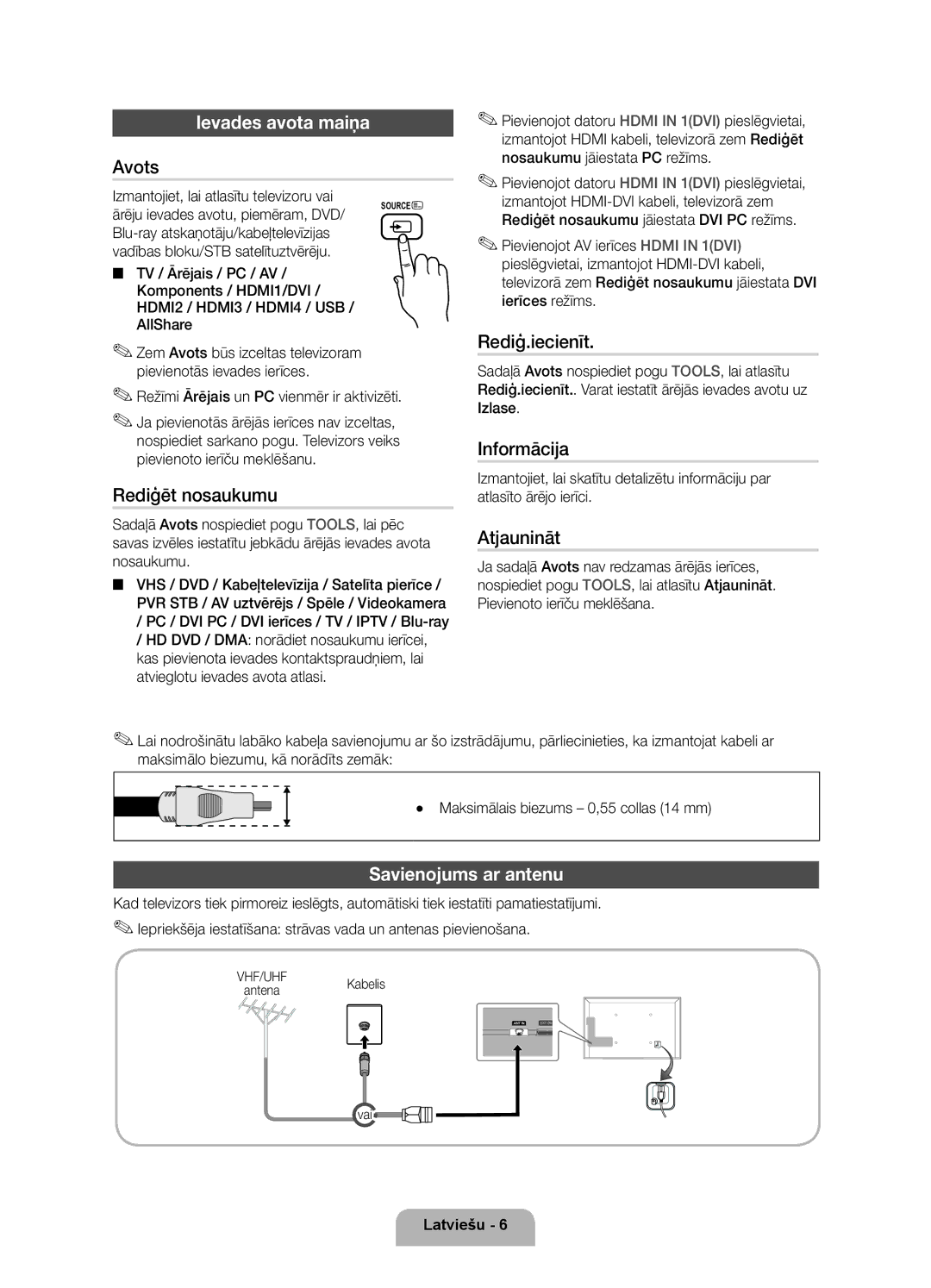 Samsung UE40D6000TWXXH manual Ievades avota maiņa, Savienojums ar antenu 