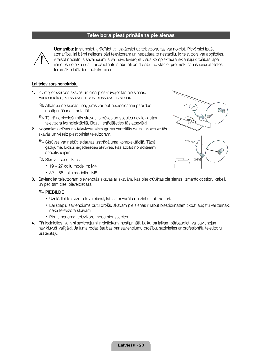 Samsung UE40D6000TWXXH manual Televizora piestiprināšana pie sienas, Siena 