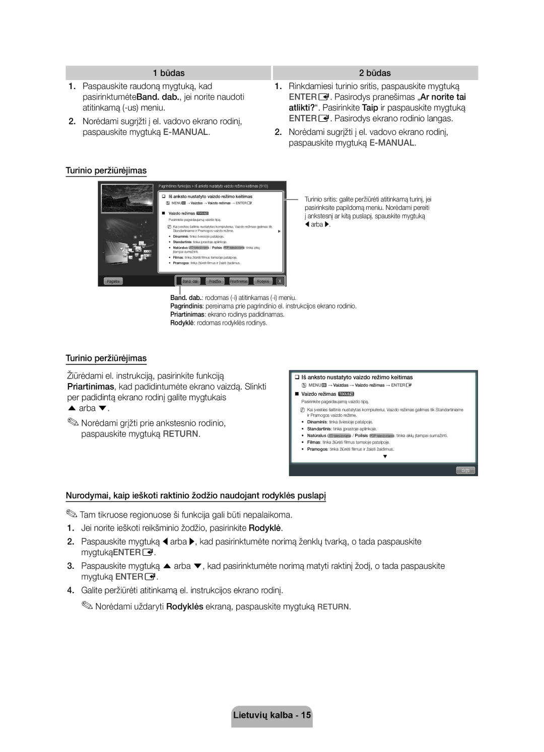 Samsung UE40D6000TWXXH manual Turinio peržiūrėjimas, Uarba d, ‰‰Iš anksto nustatyto vaizdo režimo keitimas 