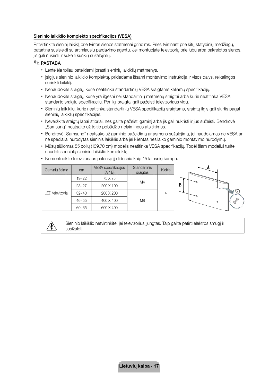 Samsung UE40D6000TWXXH manual Gaminių šeima, Standartinis Kiekis, Vesa specifikacijos, Sraigtas 