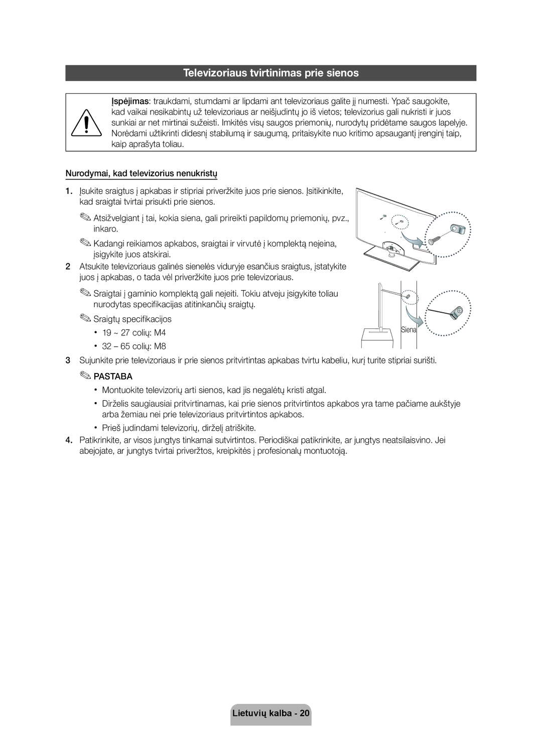 Samsung UE40D6000TWXXH manual Televizoriaus tvirtinimas prie sienos, Siena 