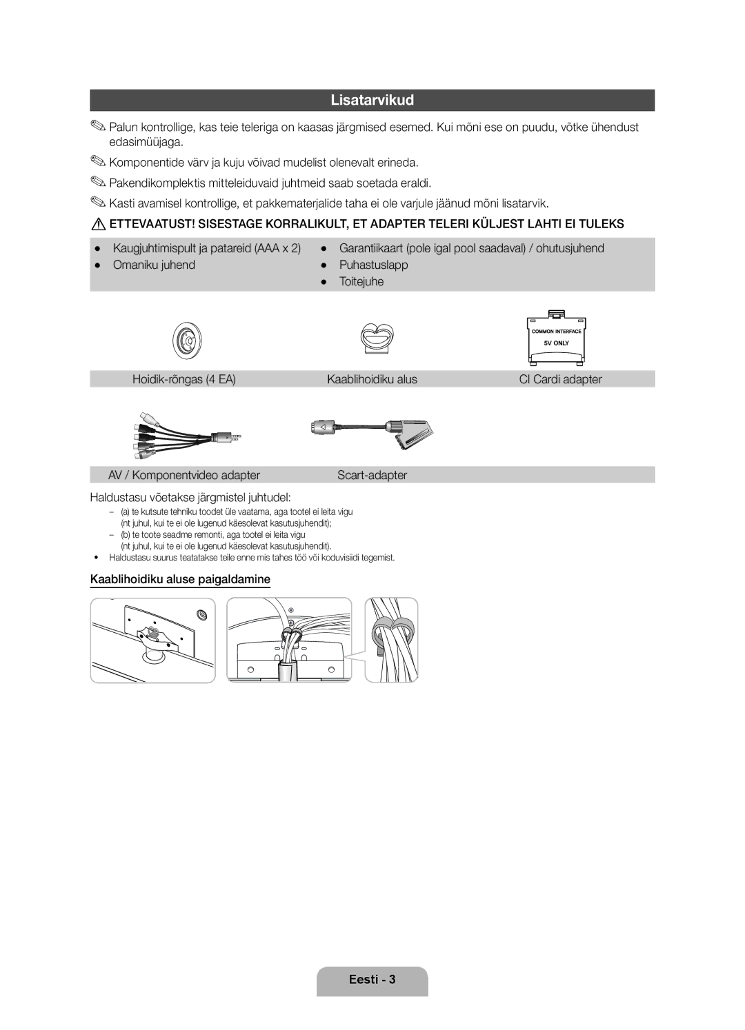 Samsung UE40D6000TWXXH manual Lisatarvikud, AV / Komponentvideo adapter, Haldustasu võetakse järgmistel juhtudel 