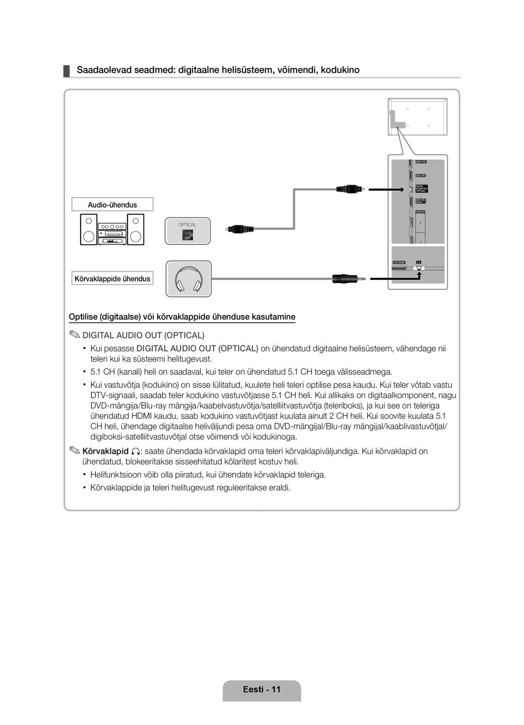 Samsung UE40D6000TWXXH Optilise digitaalse või kõrvaklappide ühenduse kasutamine, Audio-ühendus, Kõrvaklappide ühendus 