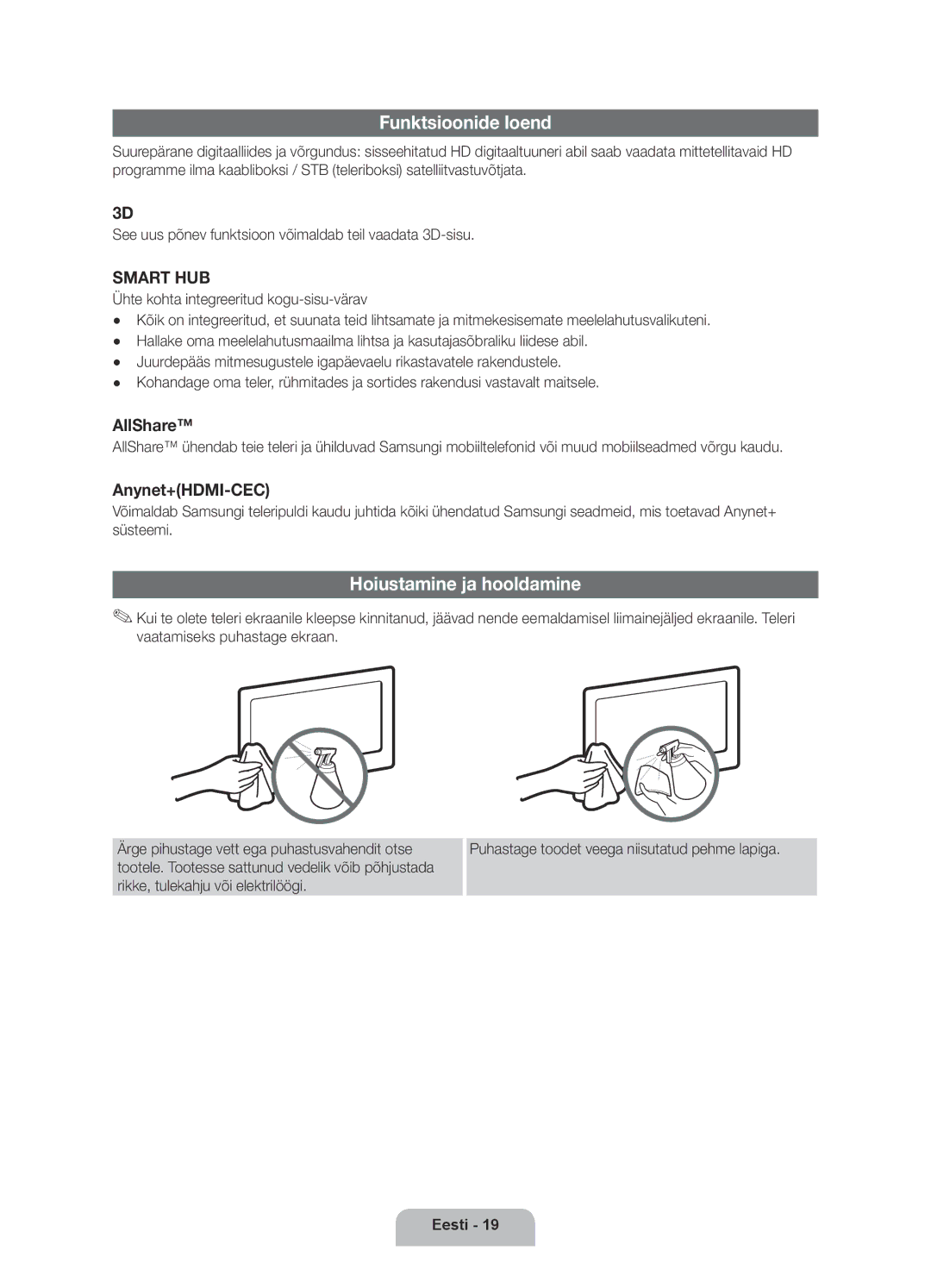 Samsung UE40D6000TWXXH manual Funktsioonide loend, Hoiustamine ja hooldamine 