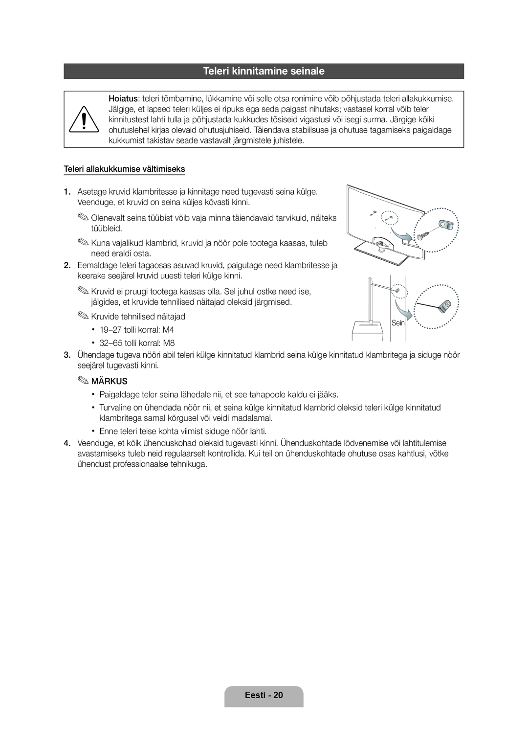 Samsung UE40D6000TWXXH manual Teleri kinnitamine seinale, Kruvide tehnilised näitajad Xx 19-27 tolli korral M4, Sein 