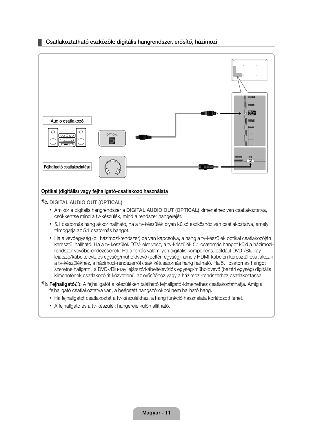 Samsung UE40D6000TWXXH manual Optikai digitális vagy fejhallgató-csatlakozó használata, Audio csatlakozó 